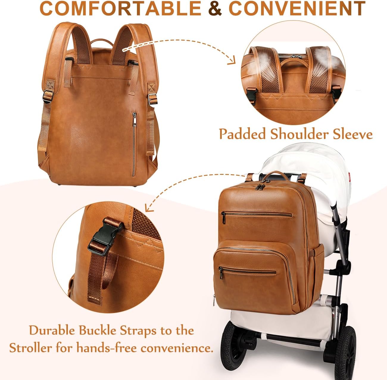 VASCHY Diaper Bag Backpack for Mum Dad, Unisex Large Waterproof Vegan Leather Baby Bag with Changing Pad,Insulated Pockets,Padded Laptop Sleeve for Travel,Brown - Image 6