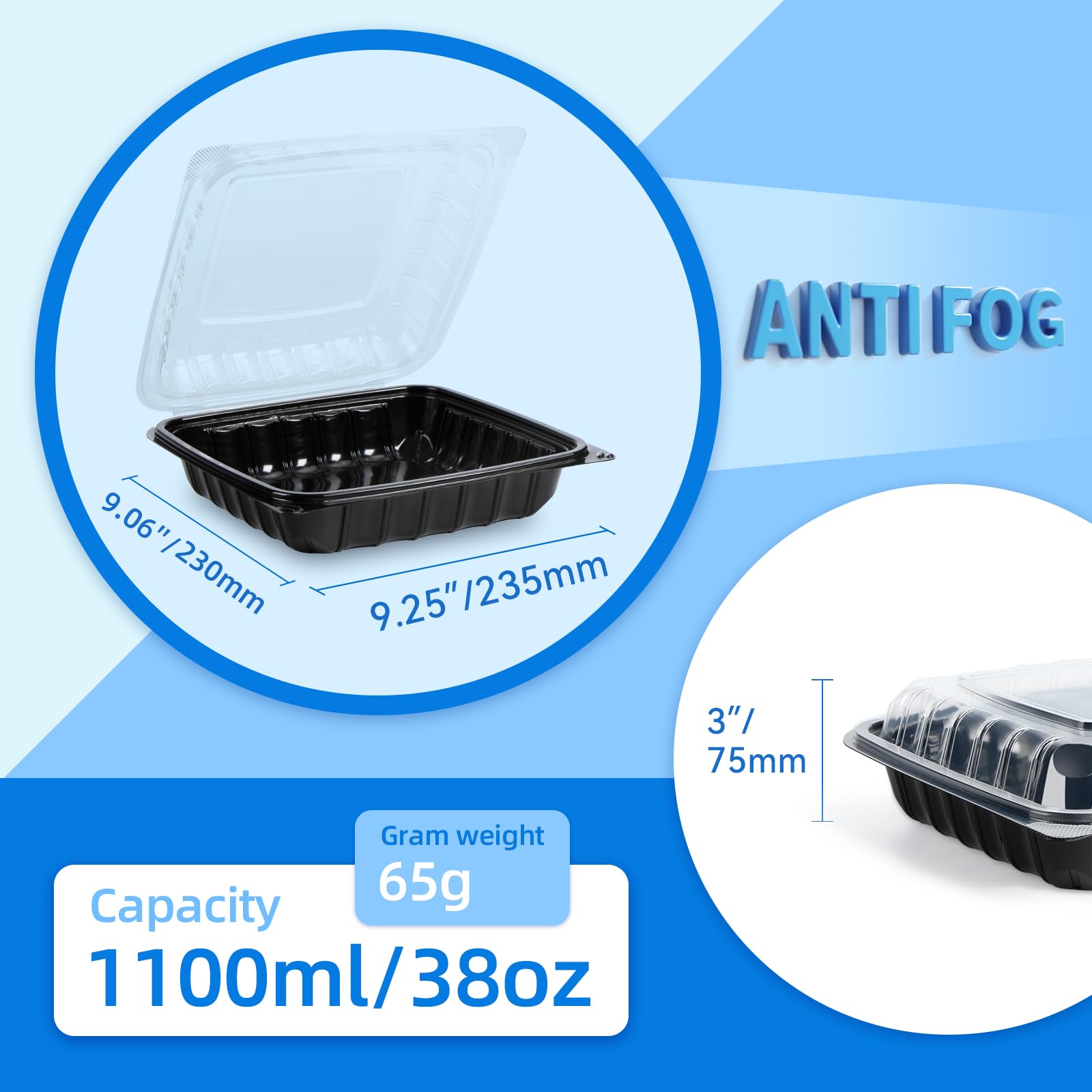 YANGRUI Contenedores reutilizables de gran capacidad, paquete de 45 unidades, 9.5 pulgadas, 38 onzas, sin BPA, antivaho, contenedor de preparación de comidas, apto para microondas, congelador,