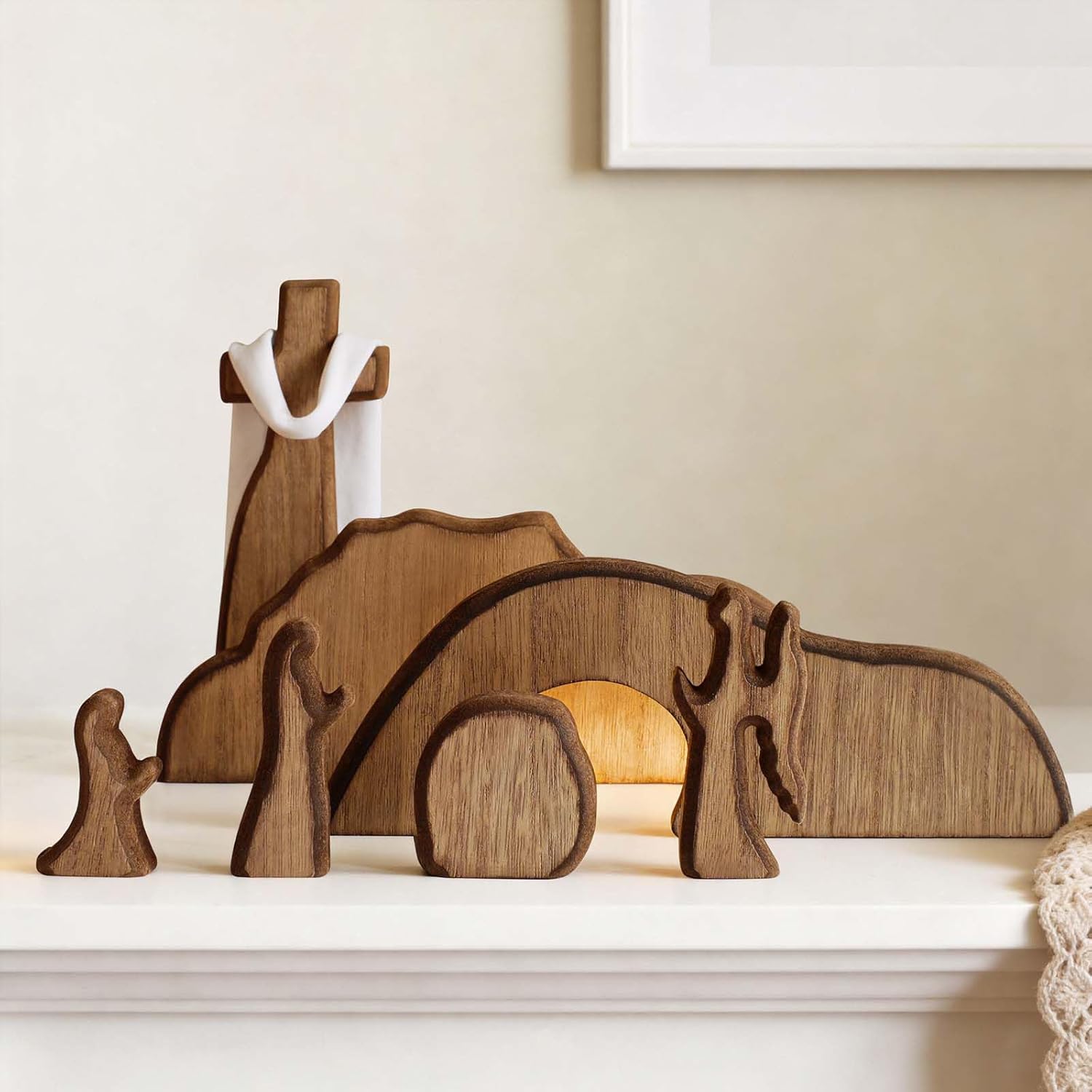 Wooden Easter Resurrection Scene Decor, He Is Risen Jesus Cross Religious Christian Gifts for Women, Vintage Spring Home Decor for Table Mantel Office Kitchen Indoor Centerpieces Catholic Nativity Set