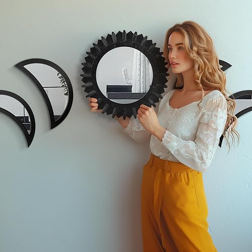 Miniatura 9 de WAKOSAN Espejo de pared, juego de espejos de fase lunar, decoración de pared para dormitorio, espejo bohemio de madera y vidrio real con reflejo