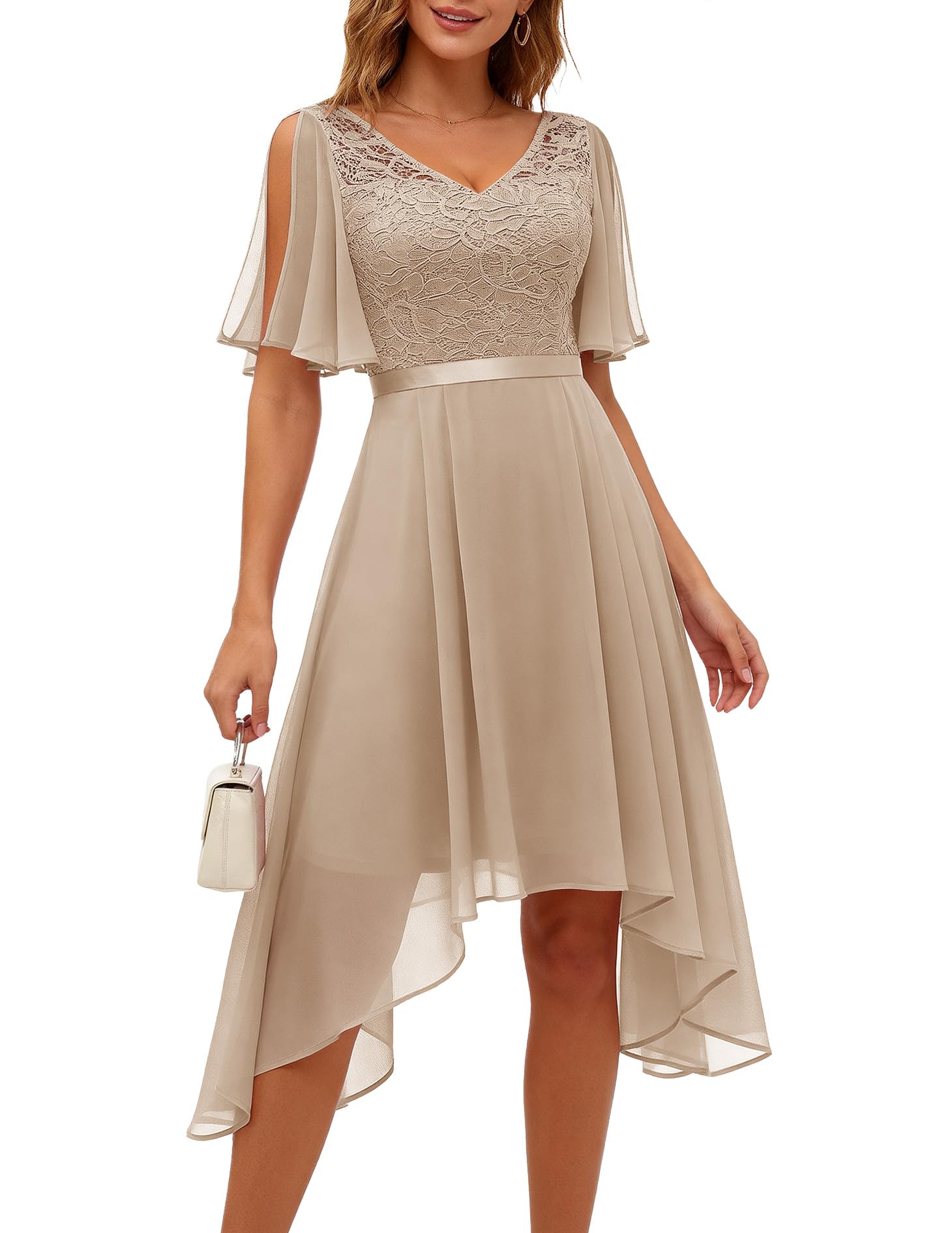 BeryLove Cocktail Formal Party Dress Bridesmaid Wedding Guest A Line Lace Elegant Flowy Prom Dresses