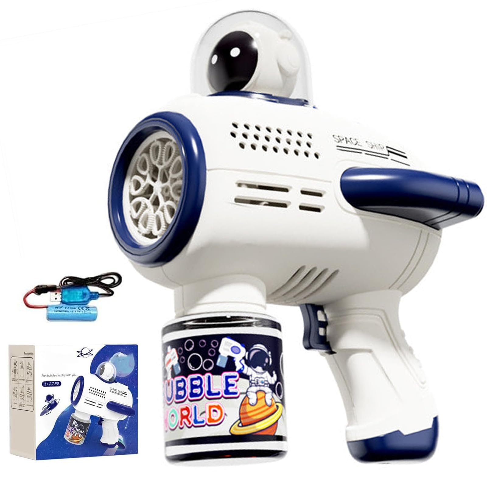Electric Astronaut Bubble Gun for Kids, Rechargeable Light Up Bubble Machine, LED Astronaut Automatic Bubble Gun Blasters with 10 Holes & Bubble Solution, Outdoor Summer Toy for Toddlers (Blue)