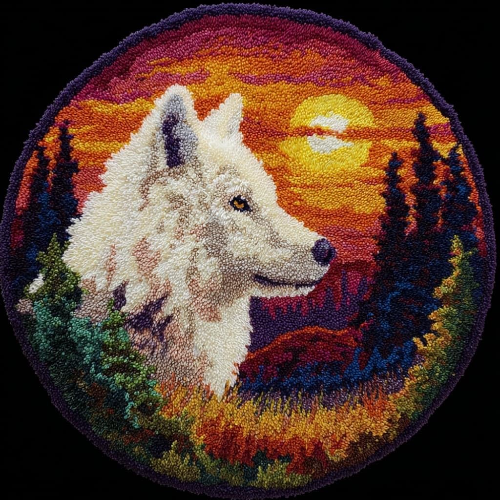 kitphoenix Round Shape Latch Hook Kits Rug Wolf DIY Cushion Rug Carpet Making Crochet Hook Kits Preprinted Pattern Canvas Cushion Yarn Hooking Kits Mat Kits 50X50Cm
