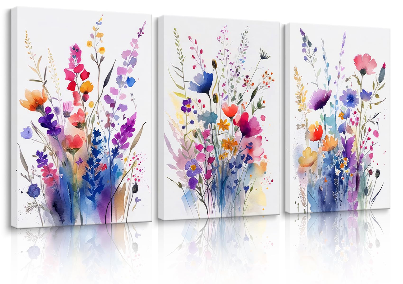 3Pcs Framed Flower Pictures Canvas Wall Art Floral Botanical Prints Wildflower Plant Pictures Wall Decor Floral Oil Paintings Posters Colorful Watercolor Floral Prints(12x16in x3Pcs Framed)