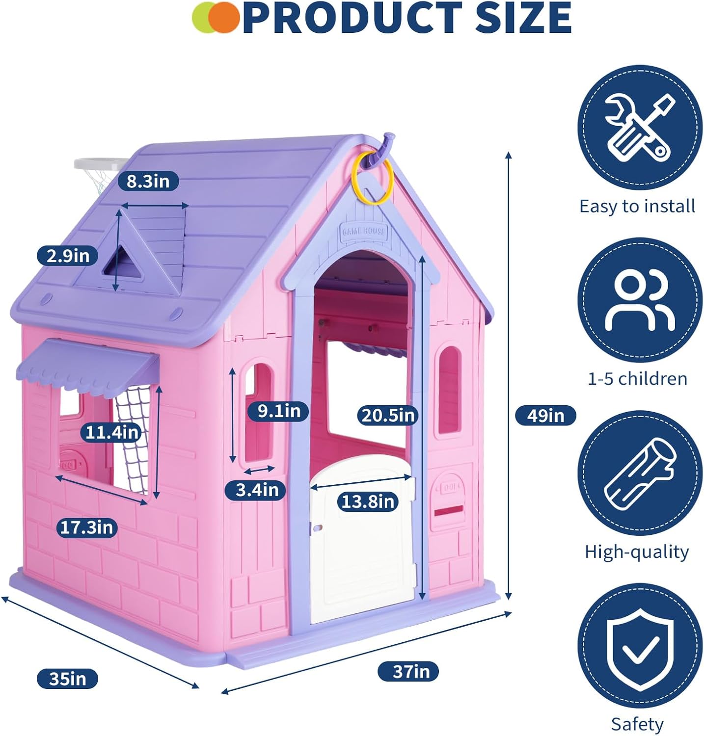 Outdoor Play House for Kids, Kids Playhouse Outdoor Indoor Cottage Toddler Playhouse with Basketball Hoop, Soccer Net, Ring-Toss