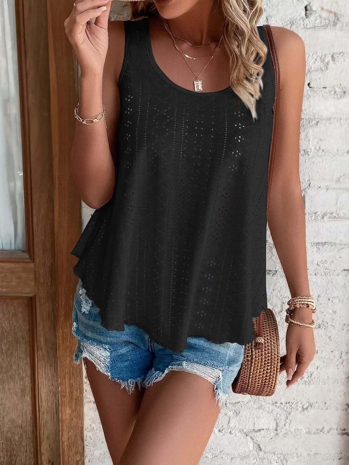 ATHMILE Womens Tank Tops Sleeveless Eyelet Embroidery Scoop Neck Loose Fit Casual Summer Flowy Beach - Image 3