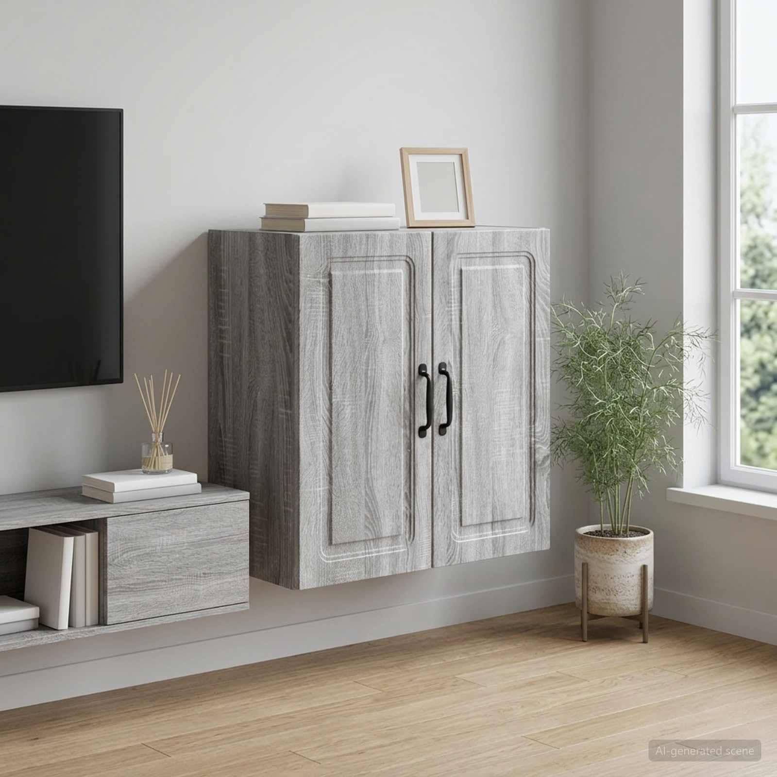 Armadio da parete grigio sonoma, 59 x 31 x 60 cm, in legno, versatile, per soggiorno, ufficio, corridoio, camera da letto, con ripiani regolabili e ante chiudibili