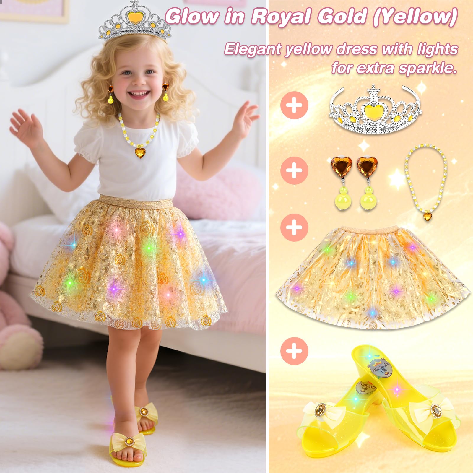 Dreamon Light-Up Princess Dress Up Shoes 3 Themes Princess Costume for Girls with Earrings Necklaces Crown for 3 4 5 6 Aged Kids Girls Christmas - Image 4