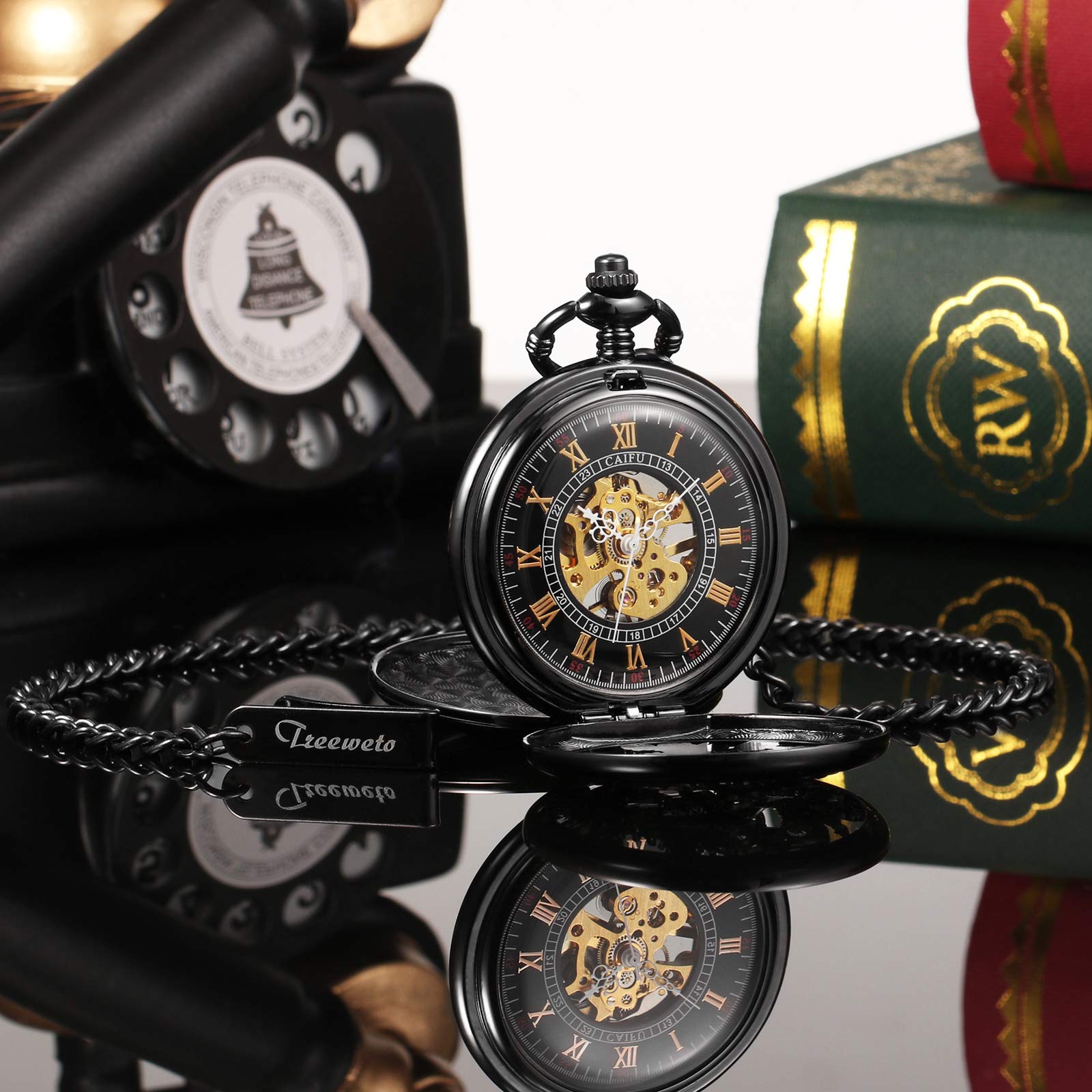 TREEWETO Unisex Antik Taschenuhr Personalisiert Gravur mit Kette analog Handaufzug Drache Phönix Skelett Doppeljäger Römische Schwarz