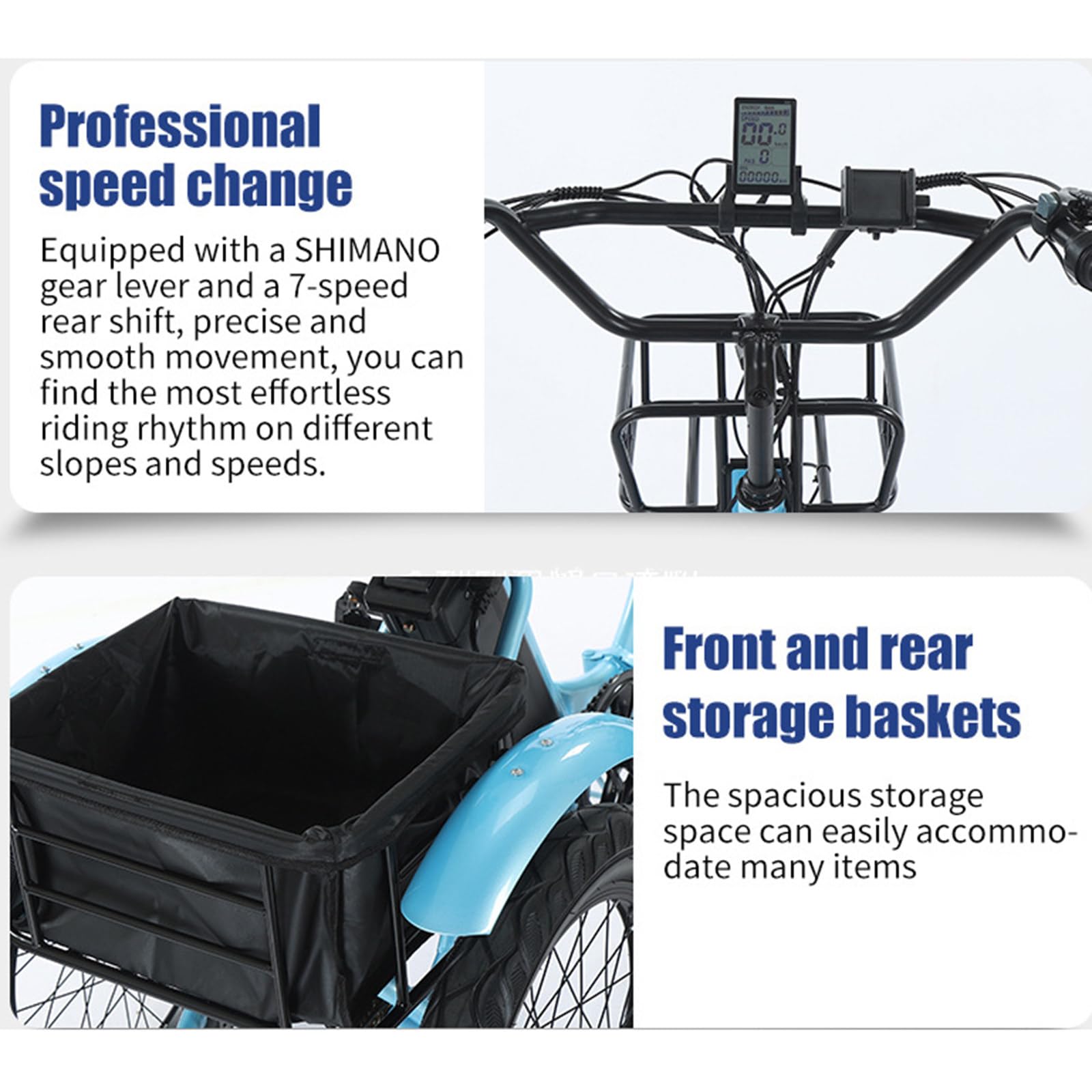 Tricycle électrique Pliable pour Adulte, 48 ​​v 13 Ah, Pneu Large 18" X 3,0, Autonomie De 44 Km, avec Phare LED Et Klaxon, Paniers Avant Et Arrière,pour Les Courses Et Les Pique-Niques. Blue