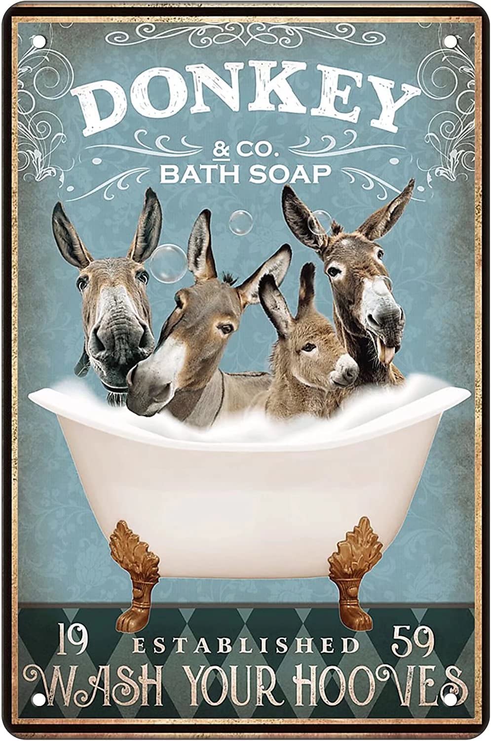 Donkey Bath Wash Your Hooves Creative Tin Sign Funny Novelty Metal Sign Retro Wall Decor for Home Gate Garden Bars Cafes Farm Store Pubs Club Sign Gift 12x16 Inch