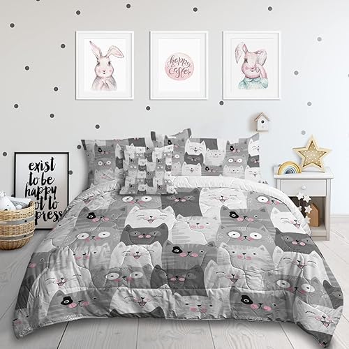 Sleepwish Grey and White Cats Comforter Set Full Size for Kids Girls 4 Piece Soft Cute Kitten Bedding Set