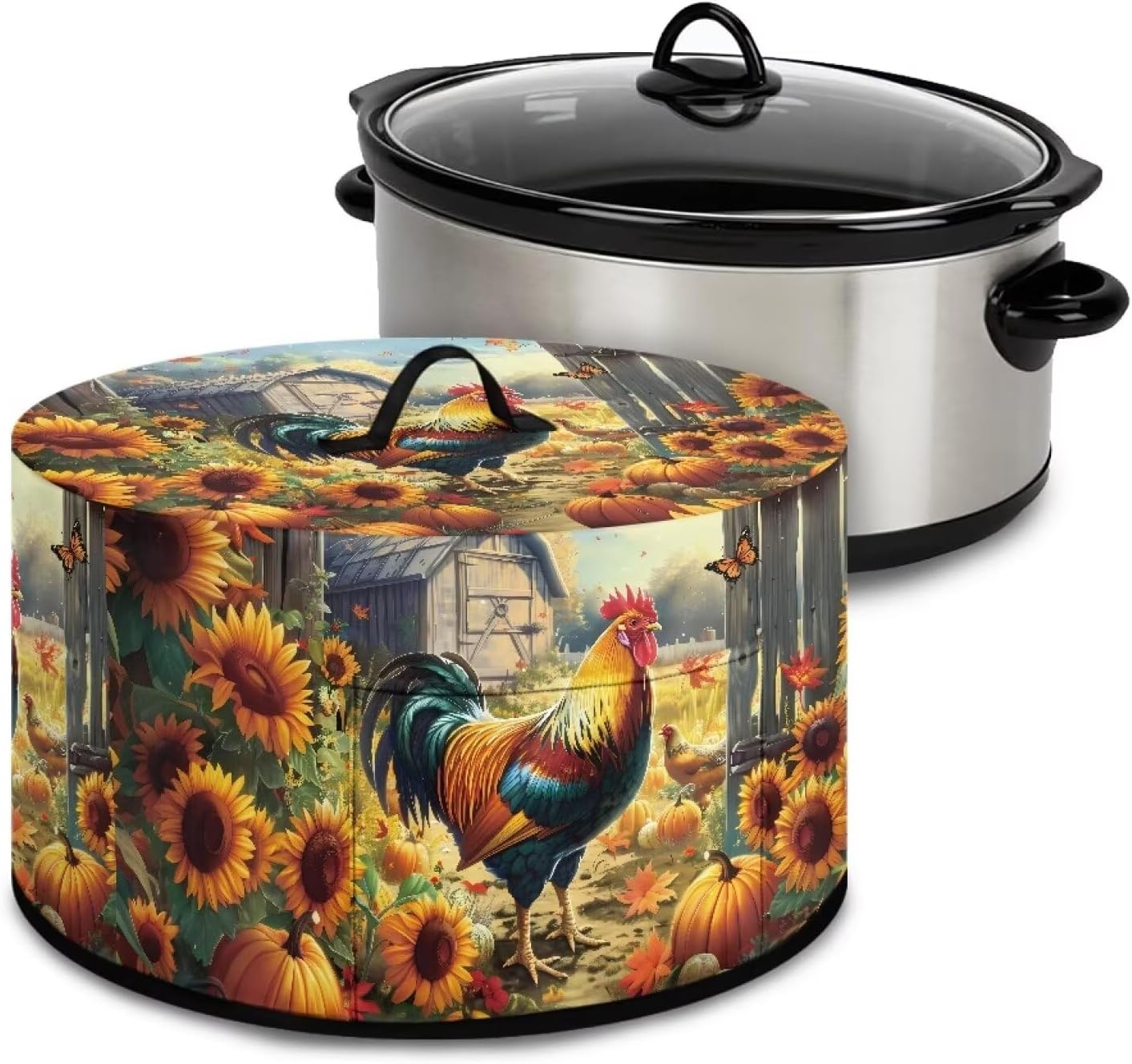Rooster Sunflower Pumpkin Print Slow Cooker Dust Cover Compatible with 6/7/8 Quart Slow Cooker Dust Proof Electric Slow Cooker Cover with Storage Pocket for Crock Pot Accessories
