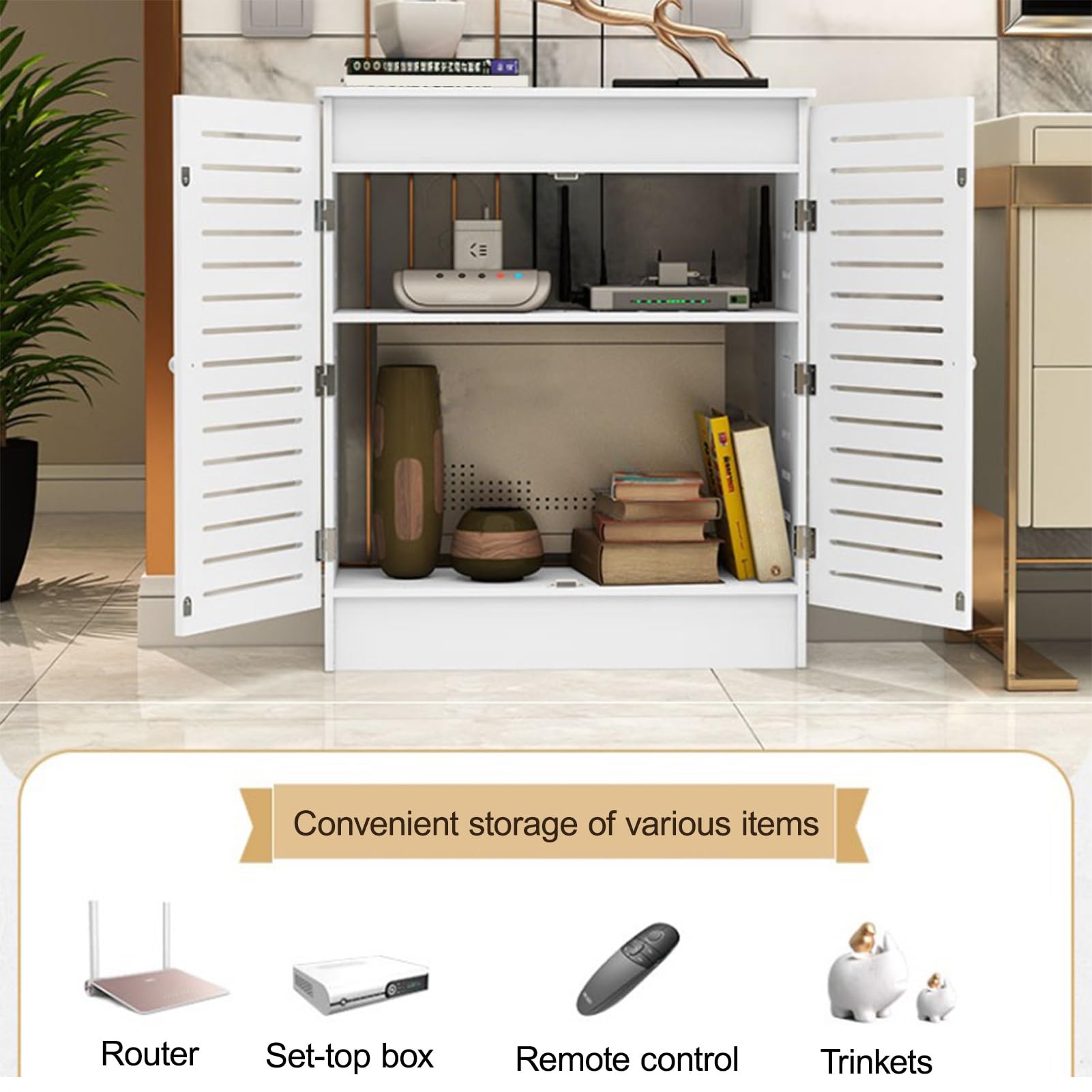 WLAN-Router-aufbewahrungsschrank, Freistehender Schrank-Organizer, Ausgehöhlte Seiten, Unsichtbare Aufbewahrung, für Wohnzimmer, Büro, Schlafzimmer(70x80x25cm/27.6x31.5x9.8in)