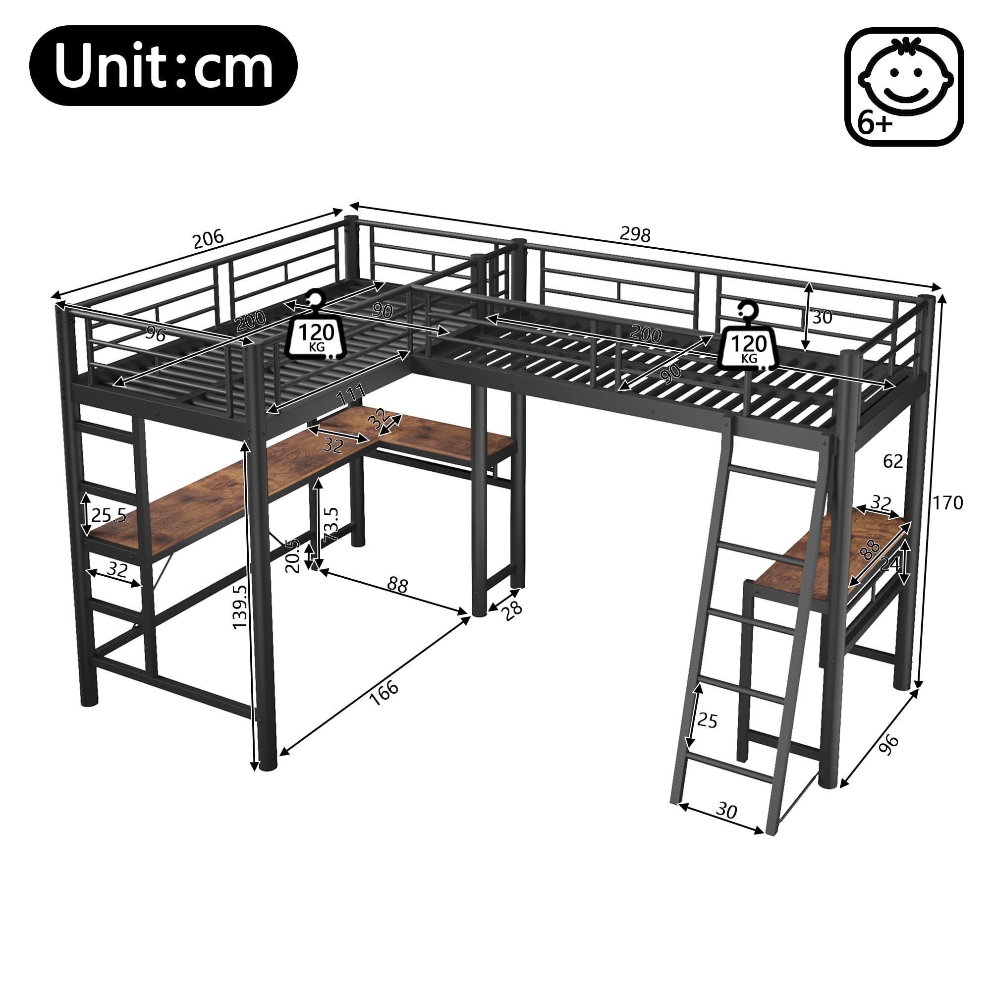 Moimhear 90 x 200 cm, letto a soppalco, due letti a castello, tavolo sotto il letto, doppia scala, ringhiera alta, nero (nero), WX001001