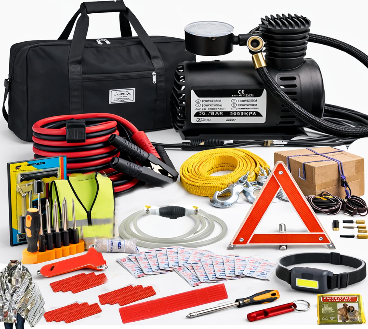 TSUNDERE L Car Roadside Emergency Kit, with Jumper Cables Automotive Kit,Car Safety Roadside Assistance Kit Headlamp,Tow Straps, Safety Hammers, Rainwear, Gloves.Black