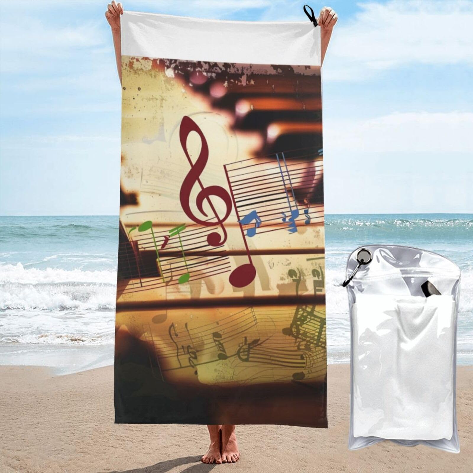kkvhhyuo Microfiber Beach Towel, music Printed Lightweight Quick Dry Travel Bath Sheet with Compact Carry Bag for Swimming Yoga Camping Gym,27.5"x55"