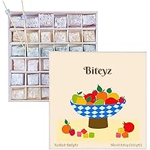 Biteyz Original Turkish Delight, Vegan Candy Gift Box - Assorted Gourmet Fruit Snacks with Lemon, Apple, Orange, Pomegranate, and Raspberry Flavors, 36 Pieces of Luxury Handmade Vegan Treats