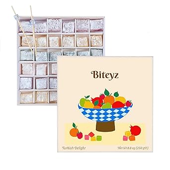 Biteyz Original Turkish Delight, Vegan Candy Gift Box - Assorted Gourmet Fruit Snacks with Lemon, Apple, Orange, Pomegranate, and Raspberry Flavors, 36 Pieces of Luxury Handmade Vegan Treats