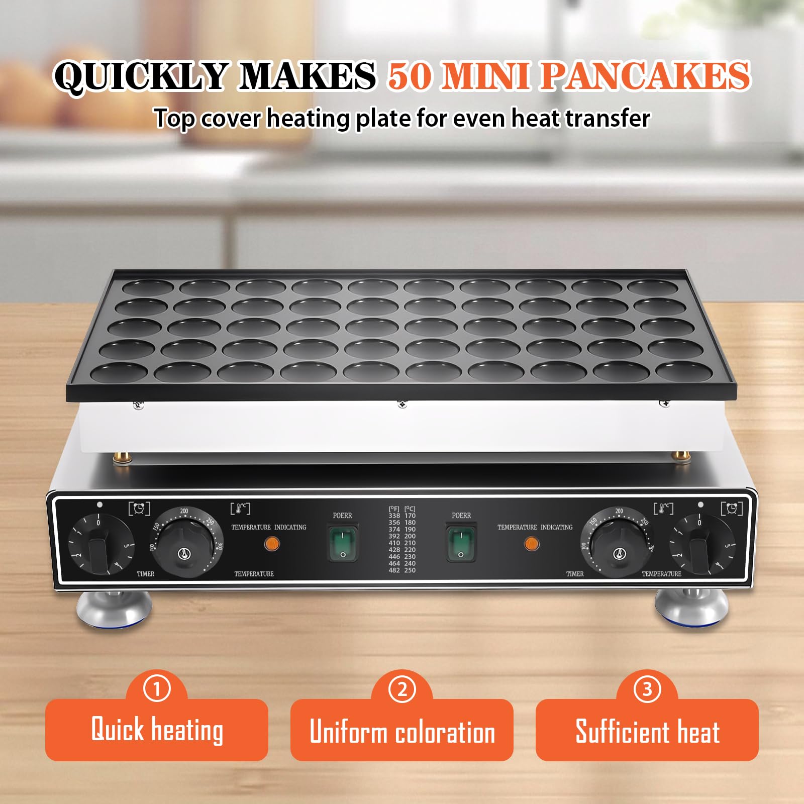 50 LöCher Poffertjes Maker, Kommerzielle Edelstahl-Waffeleisen, 50°C - 300°C Temperaturregelung, 0-5 Minuten Zeiteinstellung für den gewerblichen Heimgebrauch