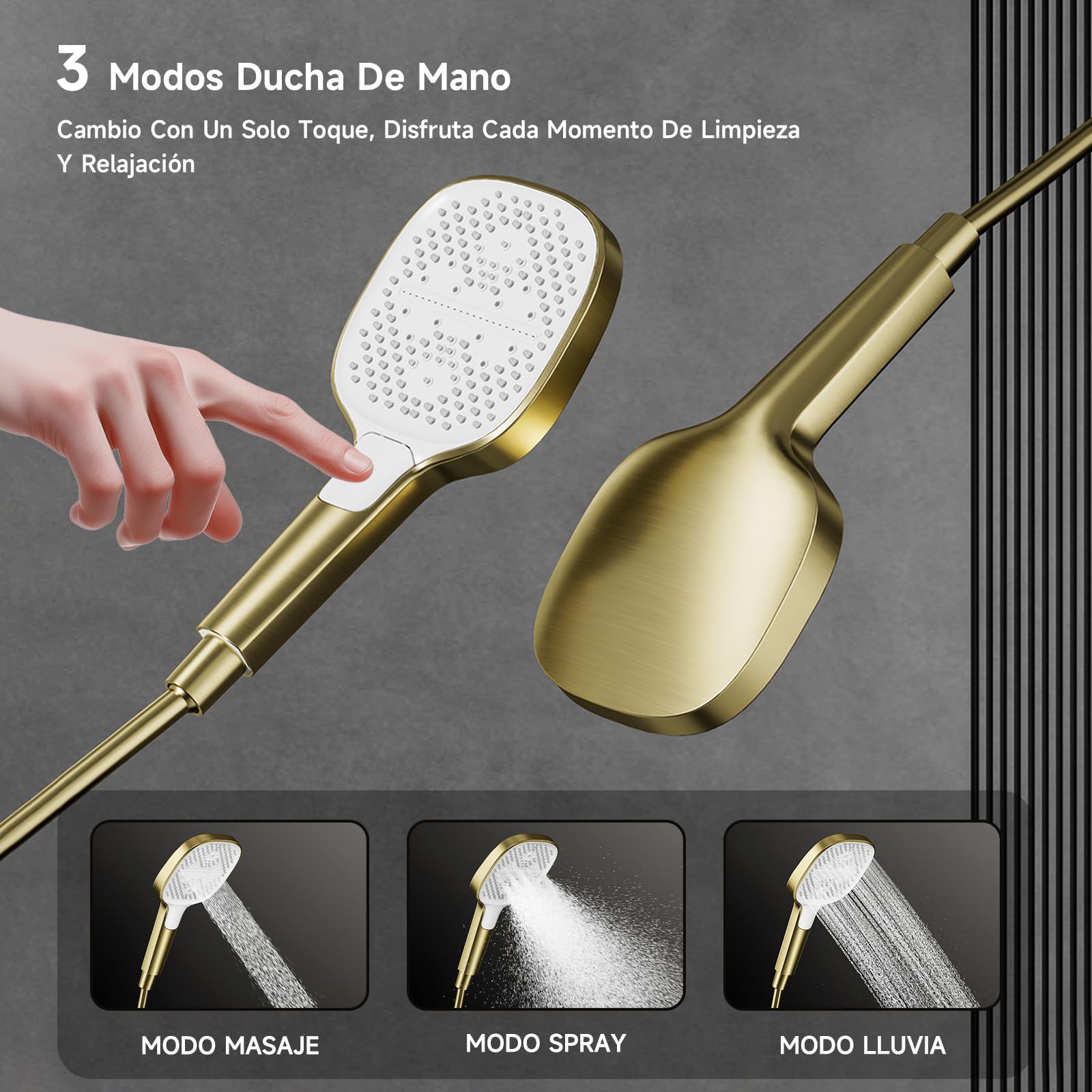 Columna Ducha, Columna de Ducha Termostática 4 en 1 Oro Cepillado | Cabezal de ducha de lluvia grande de 320 × 220 mm, columna ducha con grifo, accesorios de ducha completos, ajustable 360°