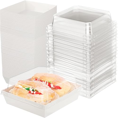 Remerry 80 cajas de panadería blancas con tapas seguras transparentes, cajas de papel de 5.4 pulgadas, recipientes cuadrados desechables para