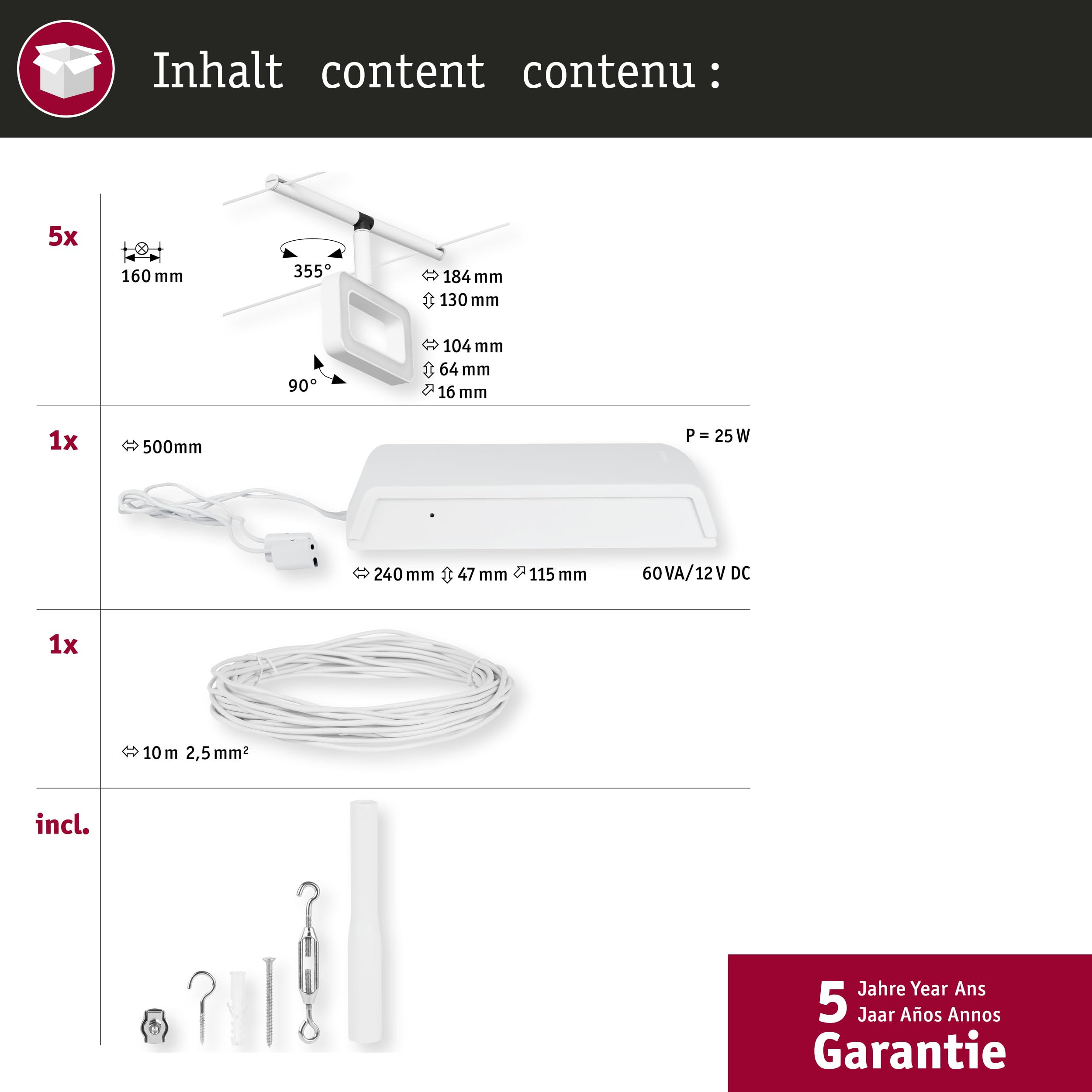 Paulmann 94483 LED Seilsytem Frame Basisset 5x400lm incl. 5x4,8 W Warmweiß Weiß matt, Chrom Kunststoff, Metall Beleuchtungssystem 3000 K