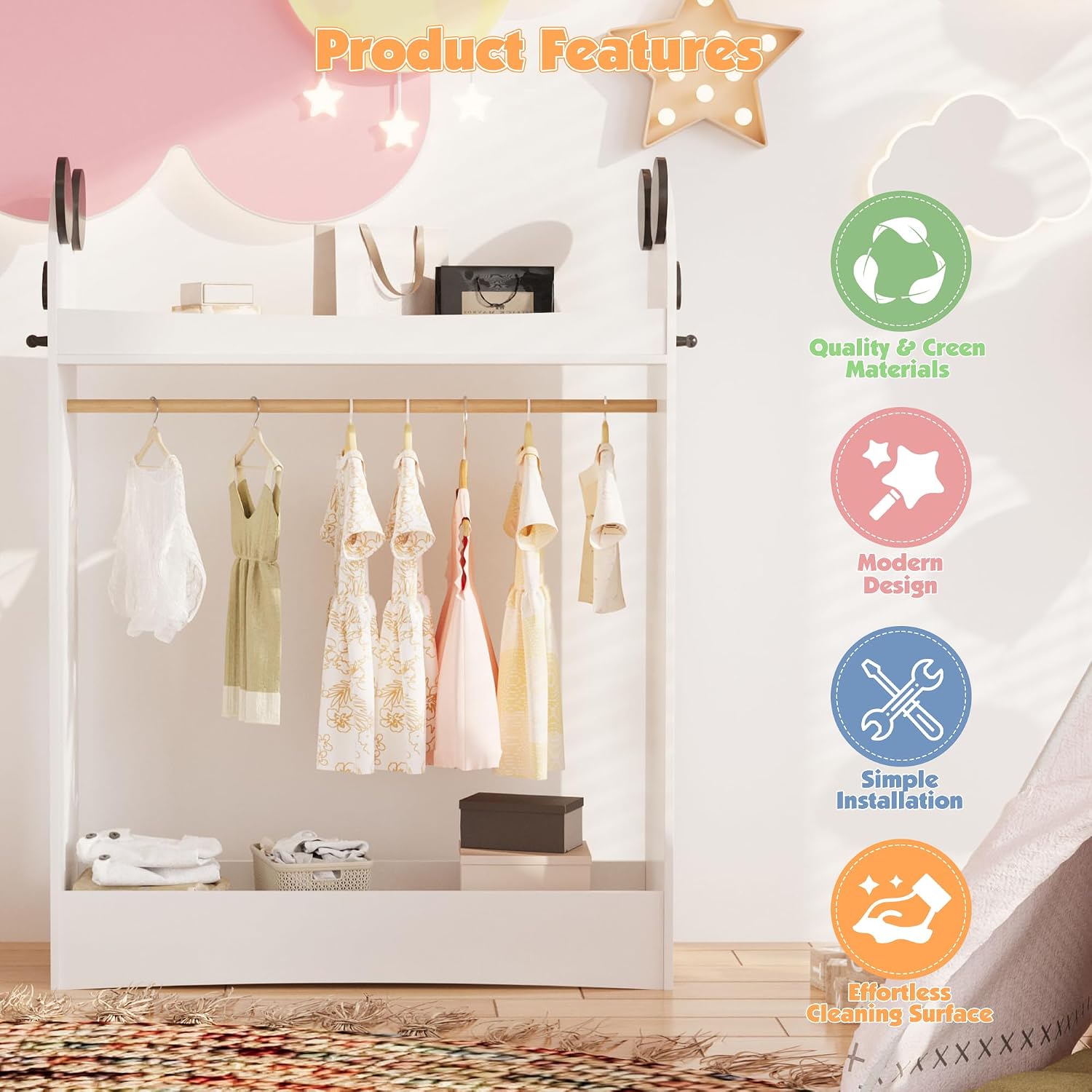 HedoAjim Kids Dress Up Storage Rack Mirror Wood Child Wardrobe 2 Hooks 2 Fabric Bins Toddler Closet Girls Boys Open Hanging Armoire Storage Shelf Coat Costume Hat Shoe (White)
