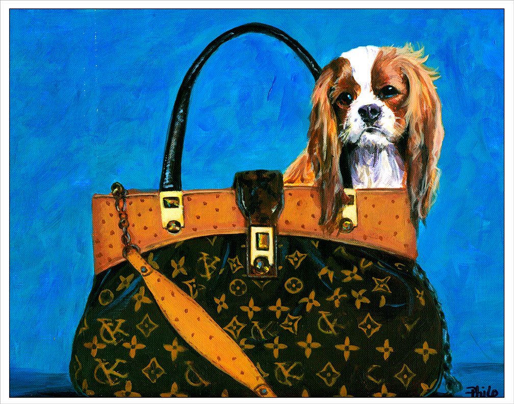 One 11x14 Inch Cavalier King Charles Spaniel in a Haute Couture Handbag Fine Art Print From an Original Painting By Philo