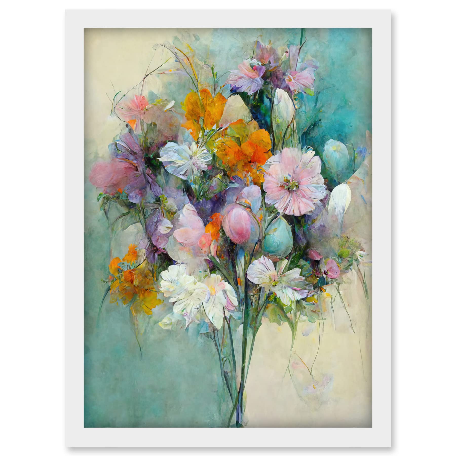 Doppelganger33 LTD Watercolour Pink Orange And Teal Spring Flower Bouquet Illustration Artwork Framed A3 Wall Art Print