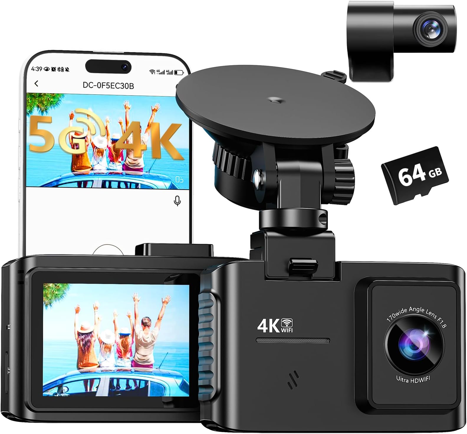 Dash Cam Front and Back: 4K Dual Channel Dash Cam - 5GHz WiFi, Dash Cam for Cars with 64GB Card, 2" IPS, App Control, G-Sensor, Loop Recording