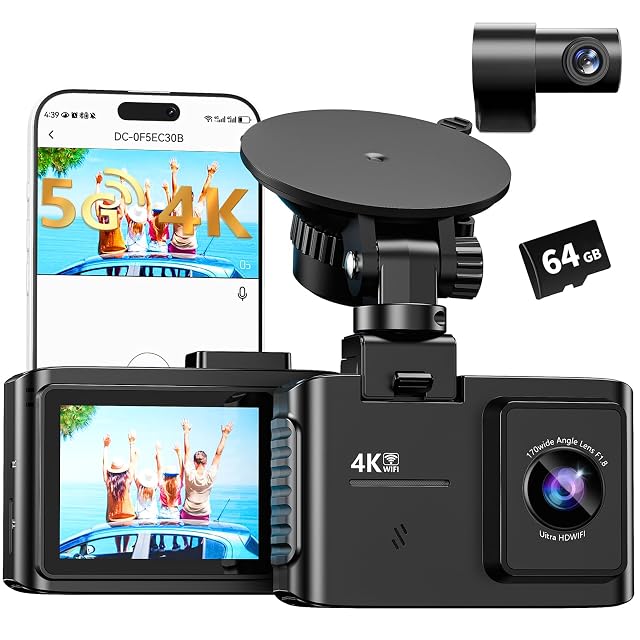 Dash Cam Front and Rear 4K Dual Channel Dash Cam - 5GHz WiFi Dash Camera for Cars with