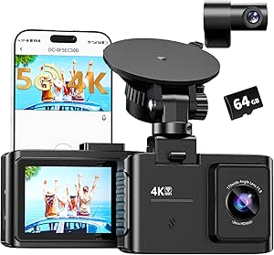 Dash Cam Front and Rear: 4K Dual Channel Dash Cam - 5GHz WiFi, Dash Camera for Cars with 64GB Card, 2.0" IPS Screen, App Control, G-Sensor, Loop Recording, 170° Wide Angle, Night Vision, Parking Mode