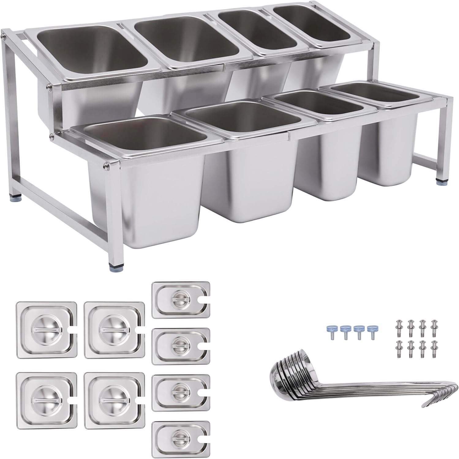 Telescoping Pizza Topping Station Container Food Prep Condiment Dispenser with 8 Pans & Lids, Stainless Steel Container Set Ingredients Holder Spice Organizer Rack for Kitchen Restaurants Buffet