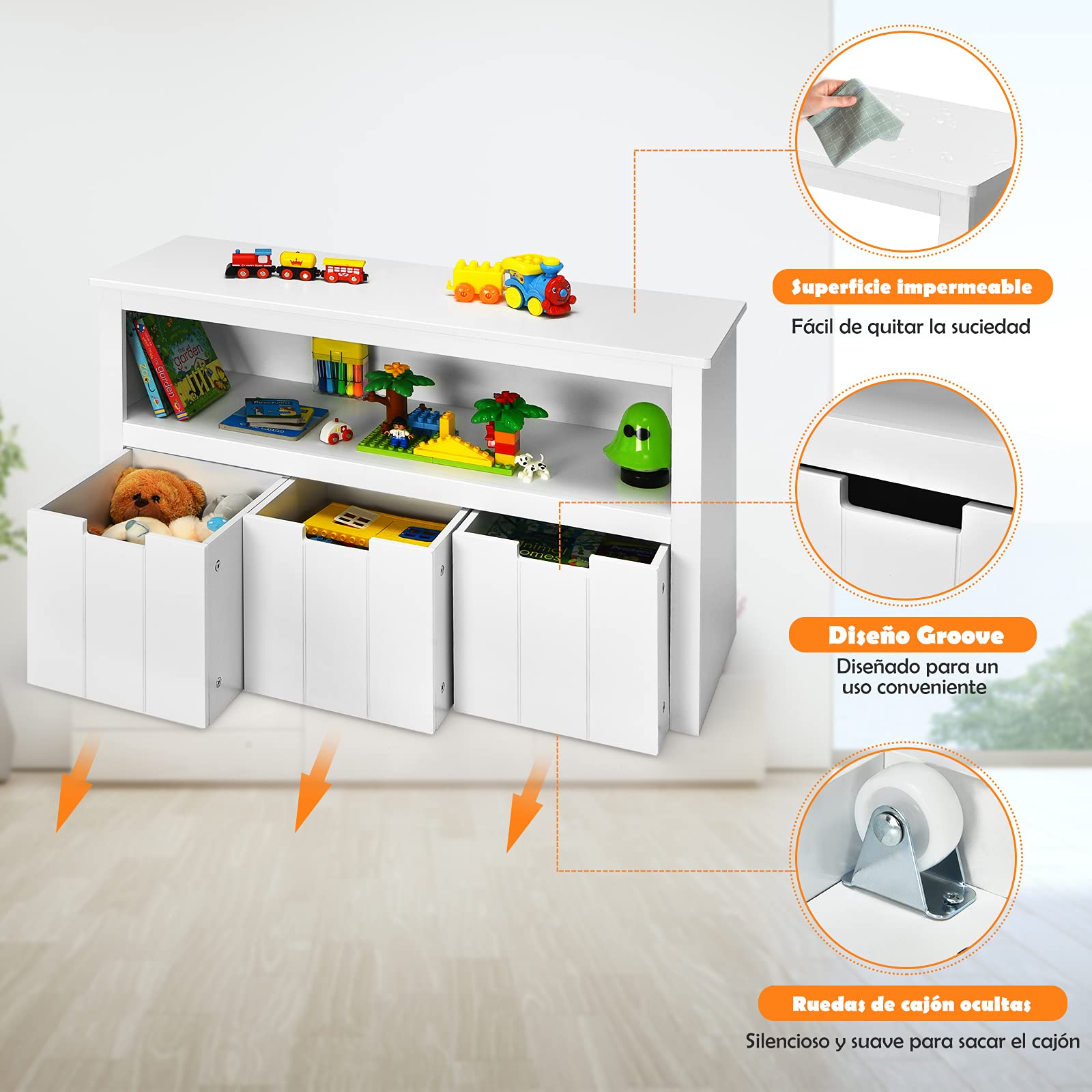 COSTWAY Armario con 3 Cajones, Estante de Madera con Ruedas y Cubos para Juguetes de los Niños, Amplio Espacio, Organizador Duradero para Salón/Dormitorio/Cuarto de los Niños (Blanco)