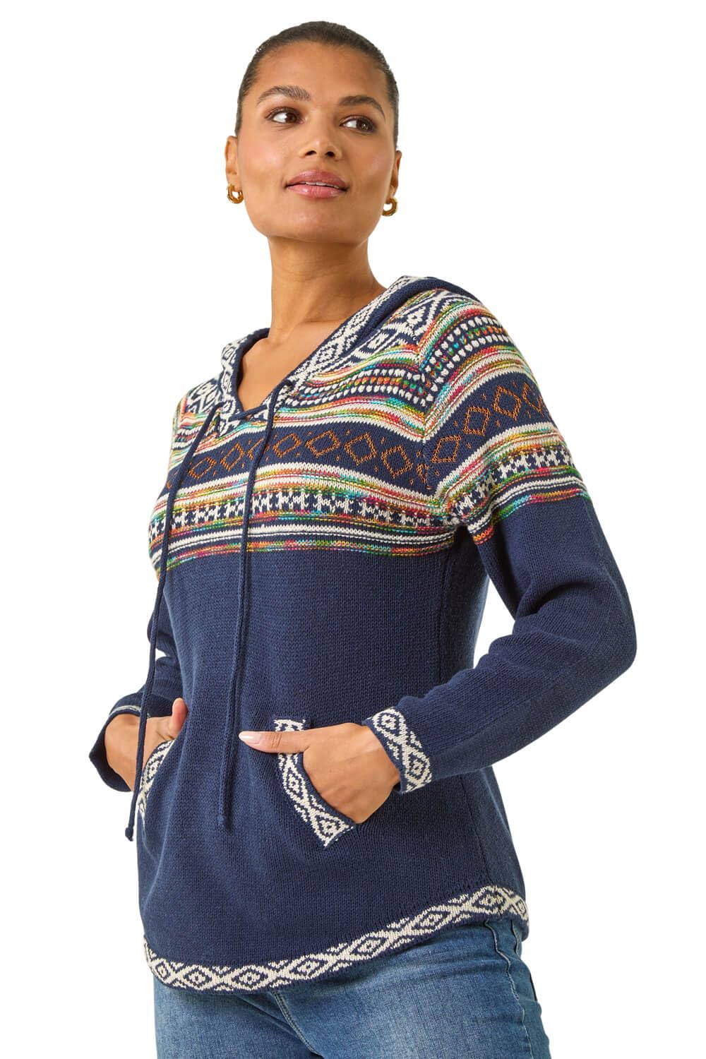 Roman Originals Women's Midnight Blue Roman Jumper With Hood Winter Knitted Hoodie With Pockets Fairisle Nordic Aztec Print Hooded Sweater Knit Knitwear Autumn Flattering Casual Smart - Size 20
