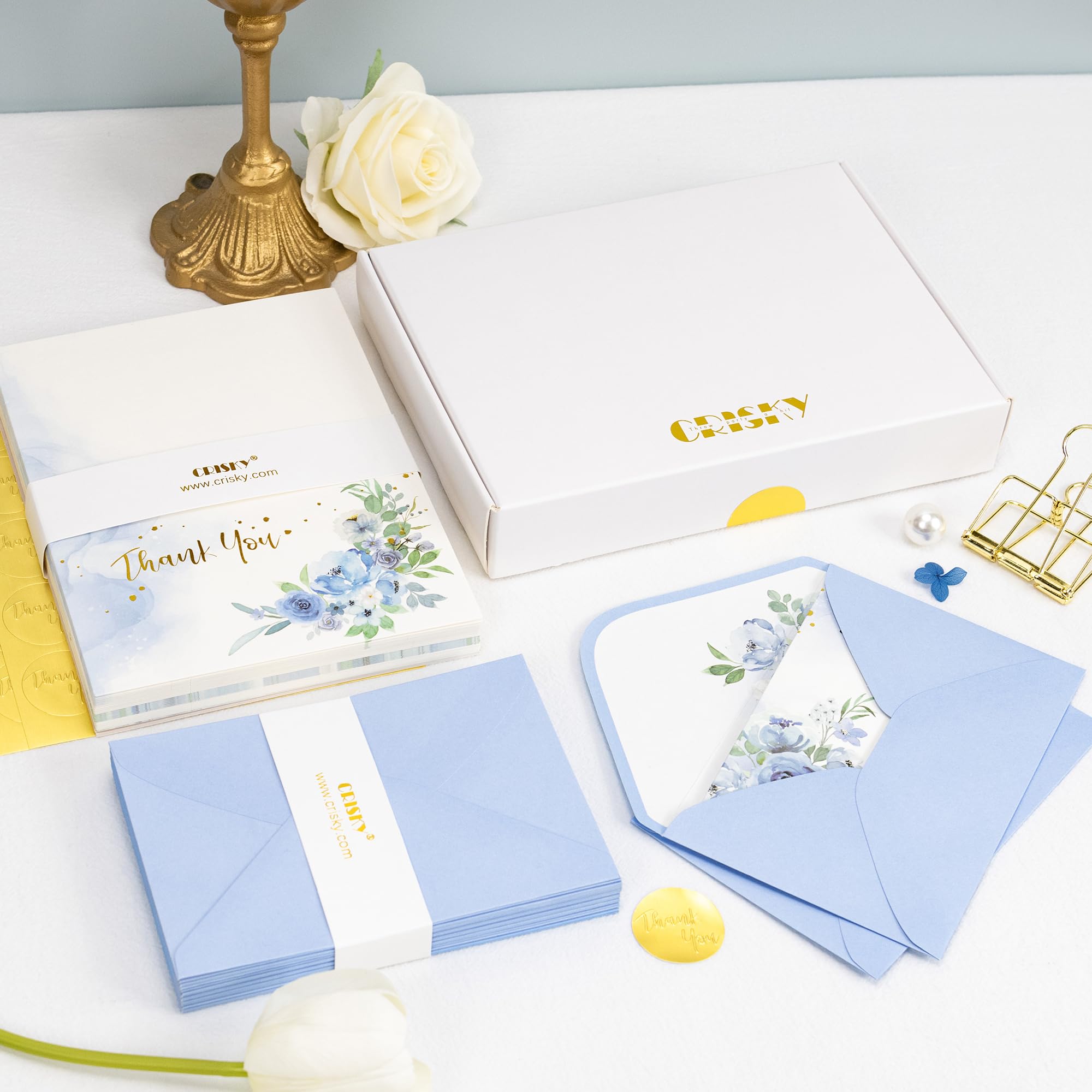 Crisky Tarjetas de agradecimiento, 4 surtidos, flores pintadas en acuarela (50 tarjetas con sobres para cumpleaños, baby shower, despedida de soltera, boda, todas las ocasiones)
