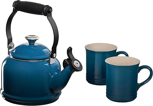 Miniatura 10 de Le Creuset Juego de 2 tazas de esmalte en acero con acabados metálicos y cerámica, 1.25 cuartos de galón de agua y (2) tazas de 14 onzas, caribeño