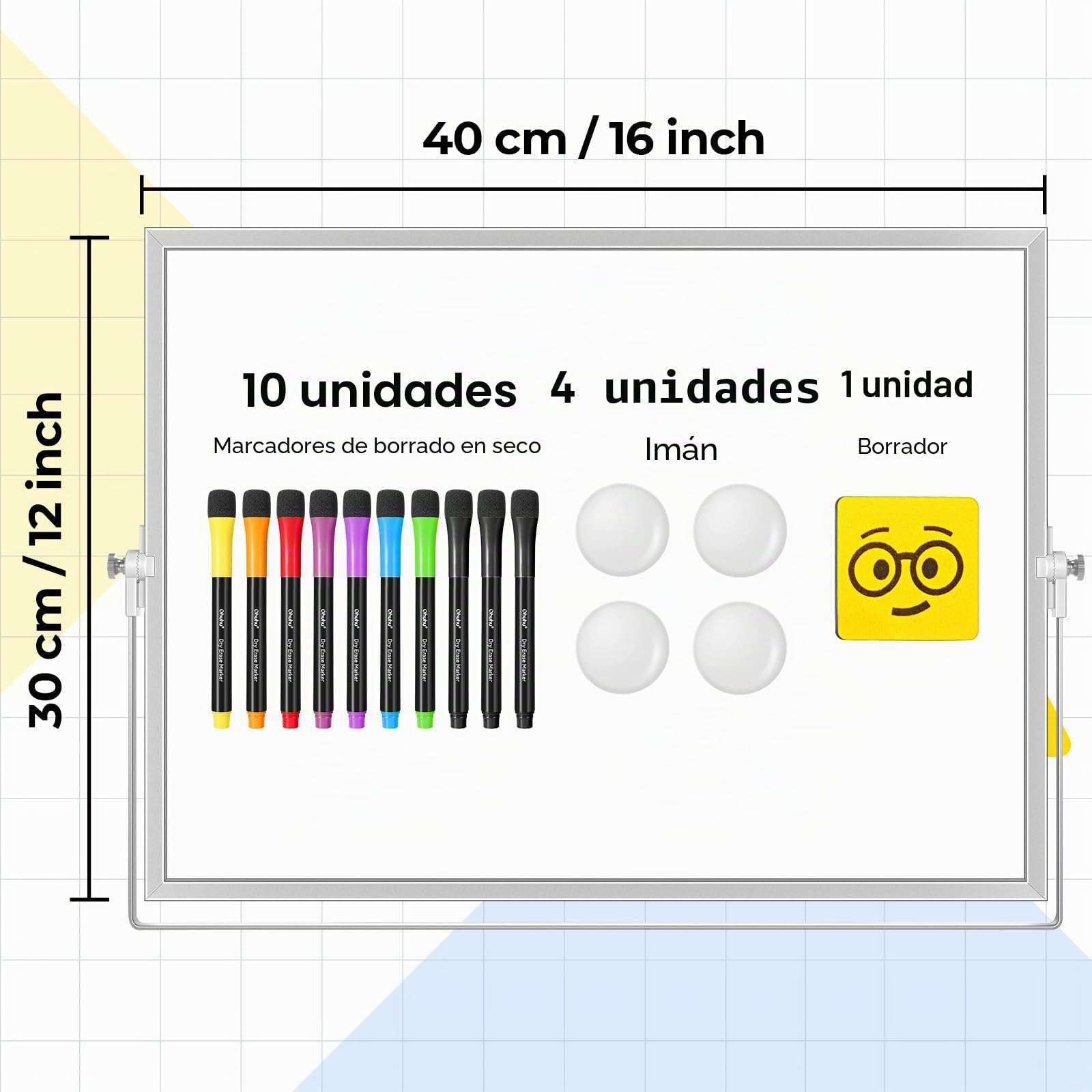 Ohuhu Mini Pizarra Blanca A3, Pizarra Blanca Pequeña de Borrado en Seco con 10 Rotuladores, 4 Imanes y 1 Borrador, 40 x 30 cm Pizarra Blanca Magnética de Escritorio de Doble Cara con Soporte, para
