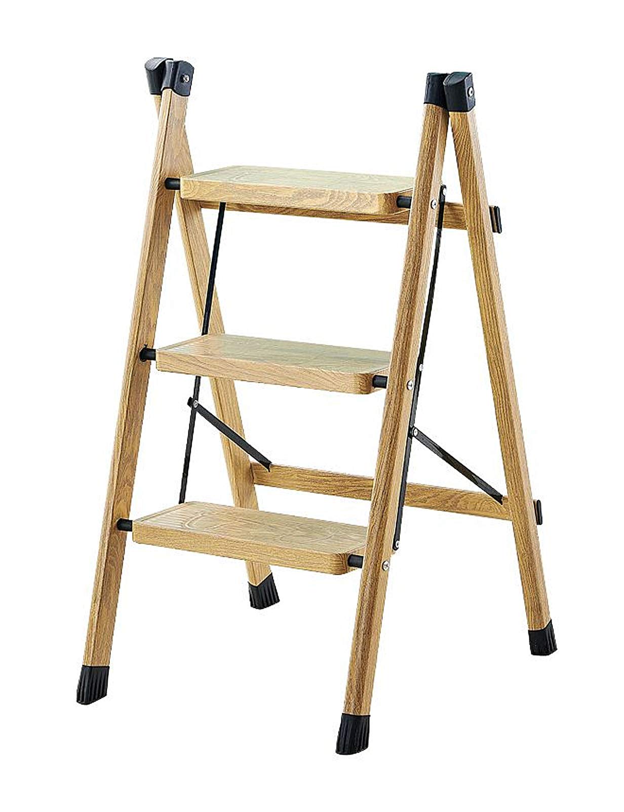 Échelle en bois 3 étapes : escabeau pliant léger avec tapis antidérapant