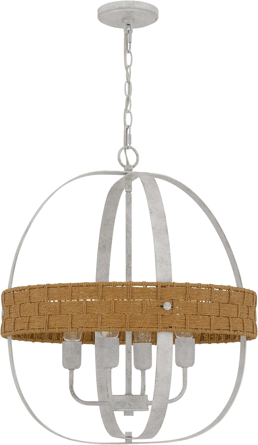 Benzara Baty Chandelier-4 Light Rustic Rattan Round-White Metal 21 Inch