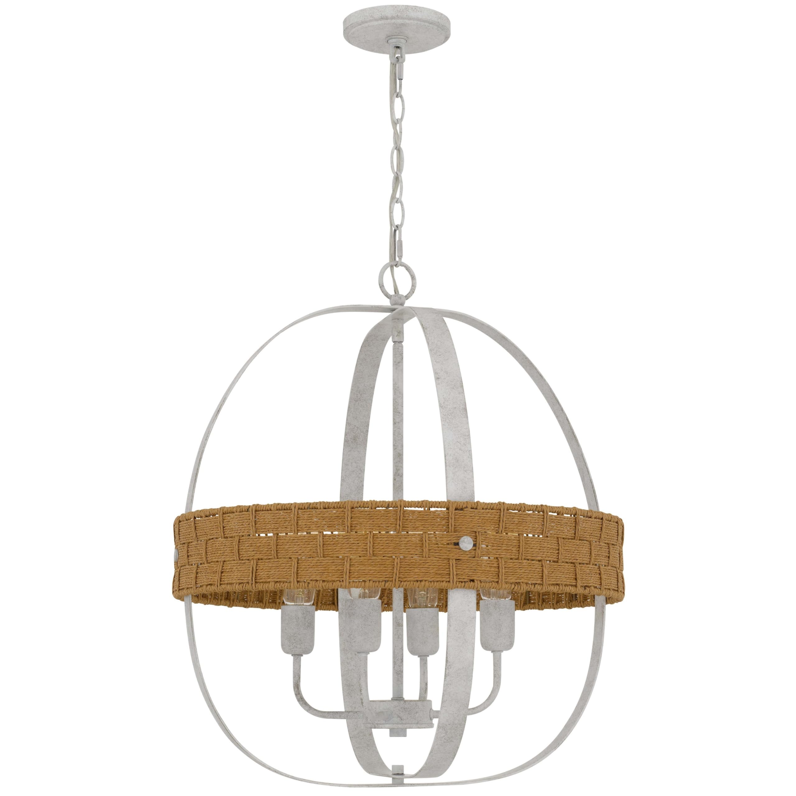 Benjara Baty Chandelier, 4 Light Rustic Rattan Round, White Metal 21 Inch