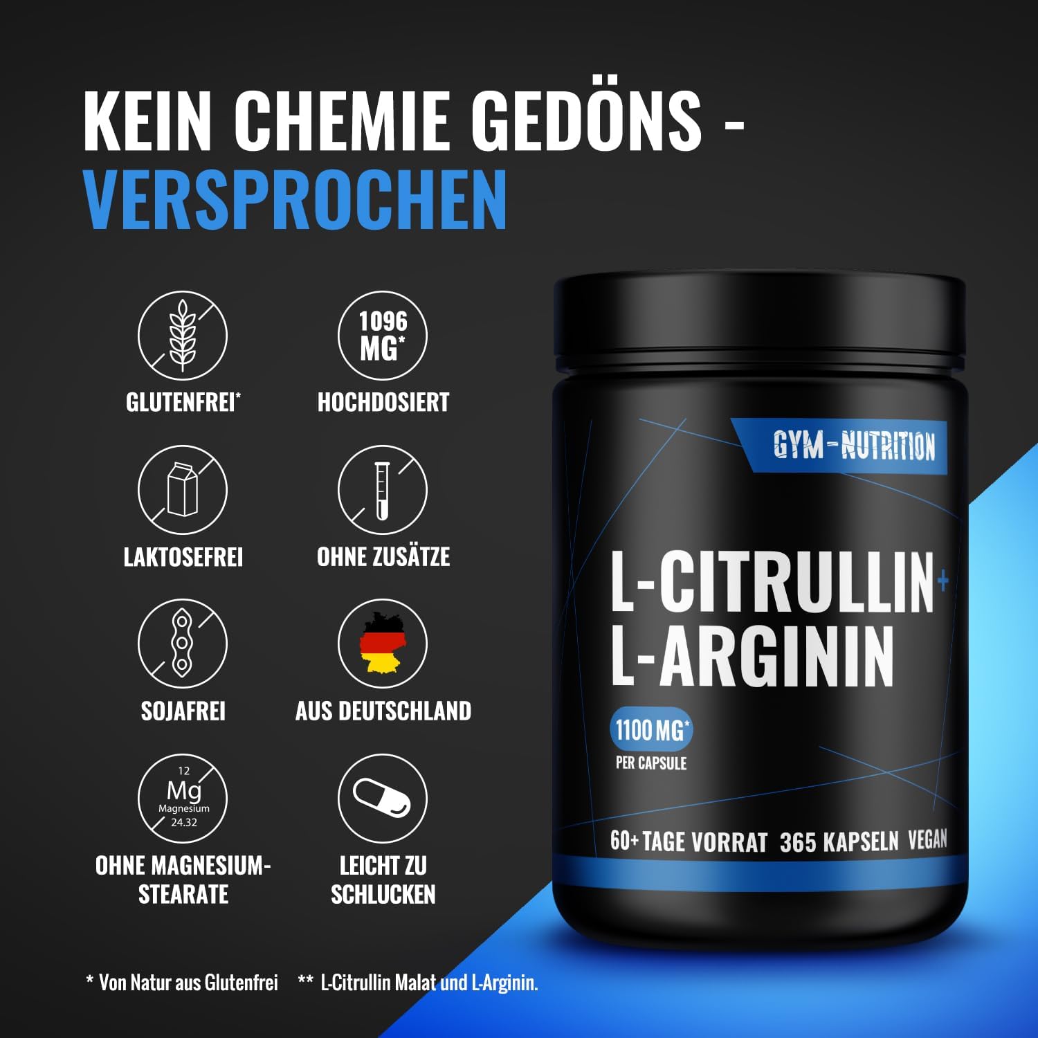 L-Arginin + Citrullin hochdosiert - 365 Kapseln - 6.785 mg Tagesdosis, 60+ Tage Vorrat - Vegan & Produziert in Deutschland