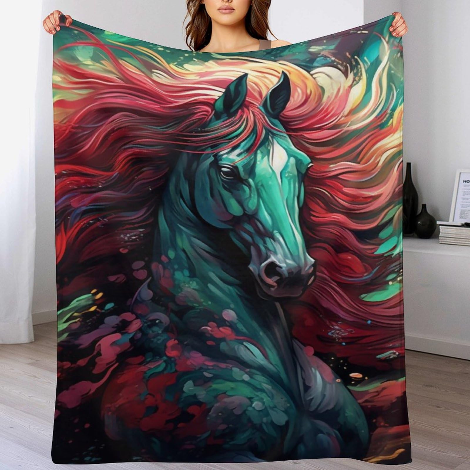 Couverture lit flannel motif cheval grand jeté de canapé chaud