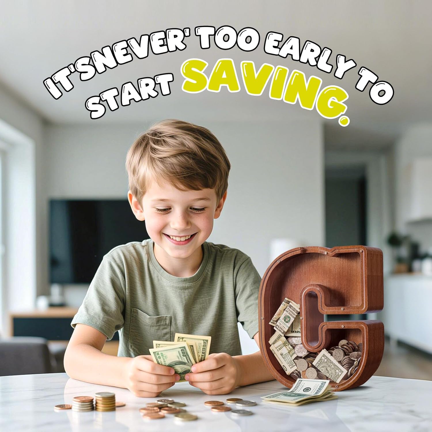 ELX Large Letter Piggy Bank for Kids Boys, Personalized Wooden Money Bank, Safe & Durable Savings Box for Toddlers Girls, Gifts for Birthday Holiday Christmas