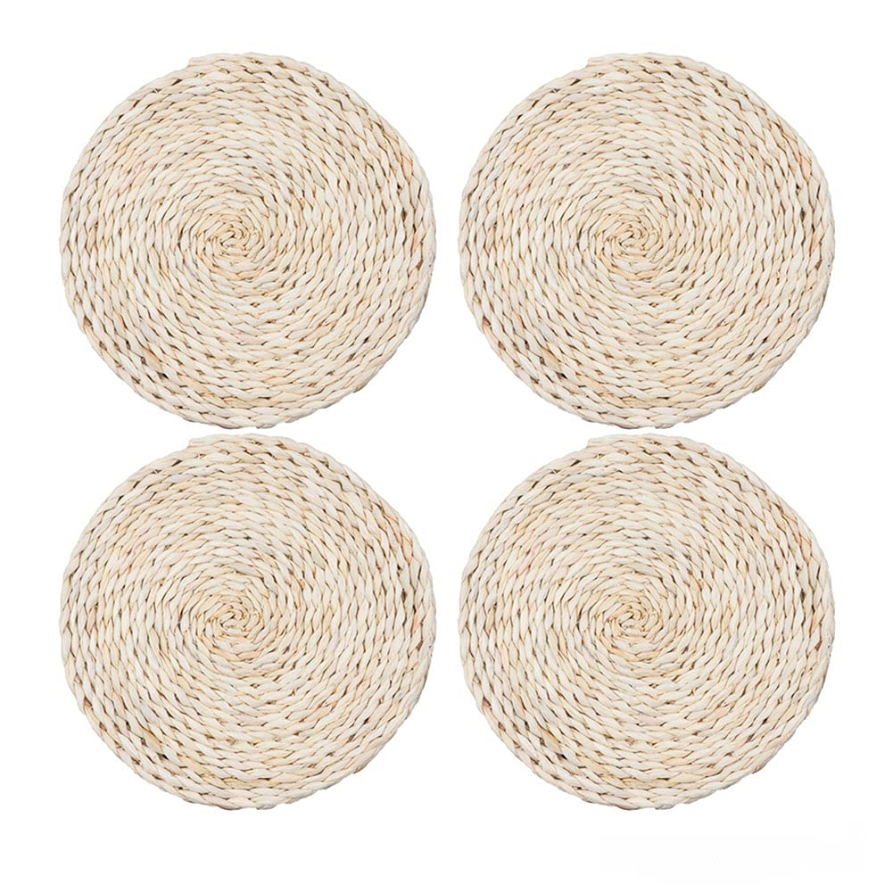 Alnicov 4Pcs Handmade Woven Placemats,9.84inch Round Coasters,Pure Natural Corn Husk Woven Placemat Handmade Kitchen Dining Table Heat Insulated Pad