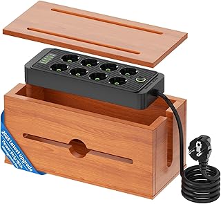 Hölzernem Kabelbox mit Steckdosenleiste, Ladestation Organizer mit 8-Steckdosen 4 USB & 1 Typ-C Schnellladen, Überspannungsschutz mit 200cm Verlängerungskabel für Büro, Zuhause