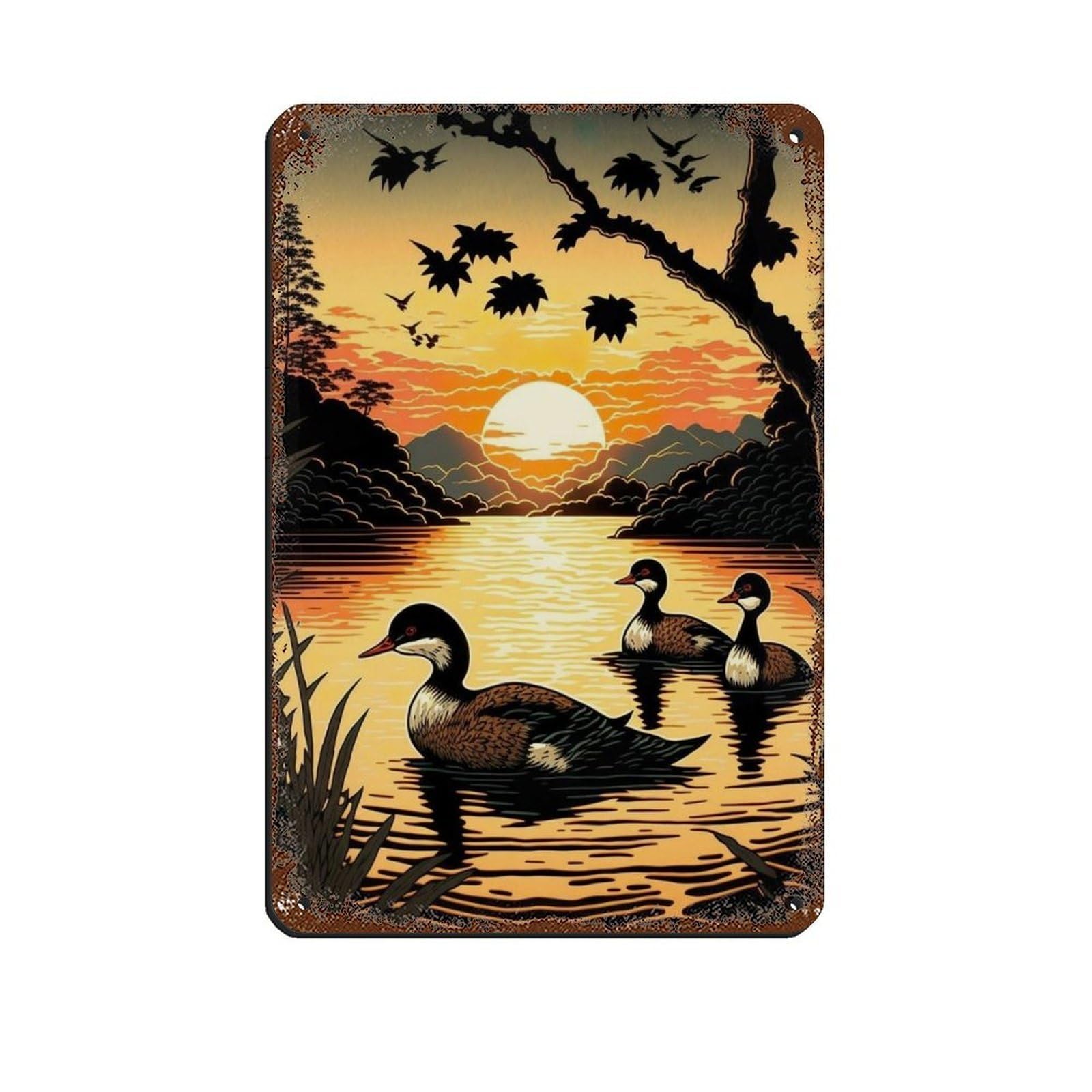 Duck Family Swimming in Sunset, Retro Poster Metal Tin Sign Chic Art Retro Iron Painting Bar People Cave Cafe Family Garage Poster Wall Decoration 8x12inch(20x30cm)