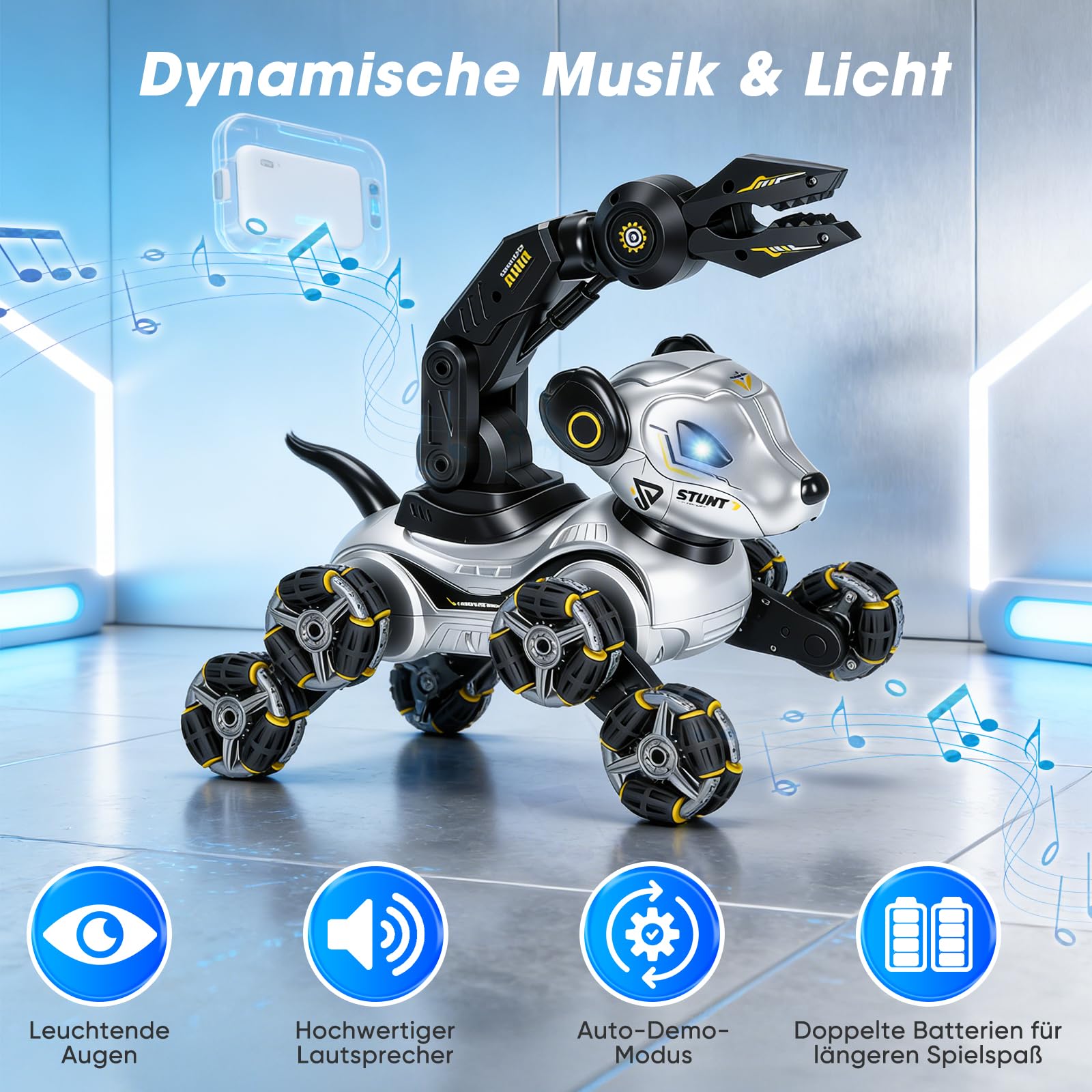 Roboter Hund Kinder – Interaktiver RC Roboterhund mit Gestensteuerung Uhr, Greifarm, 8-Rad Stunts, Licht & Musik, Programmierung, Doppelakku - Robot Dog für Mädchen Jungen 3-12 Jahre