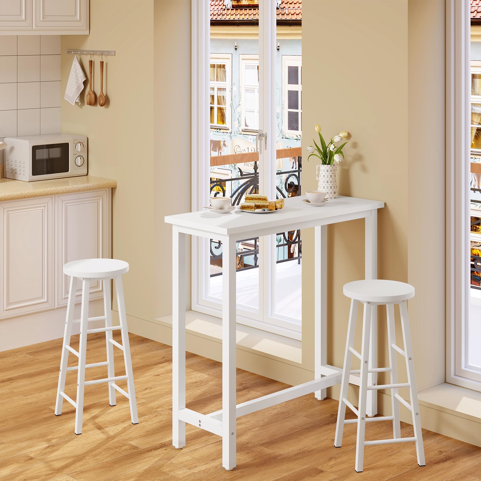 WOLTU Table Bar avec 2 Tabourets Ronds Hauts, Ensemble Table et Tabourets Industriels, pour Bar, Salle à Manger, Îlot de Cuisine, avec Structure en Métal, Blanc